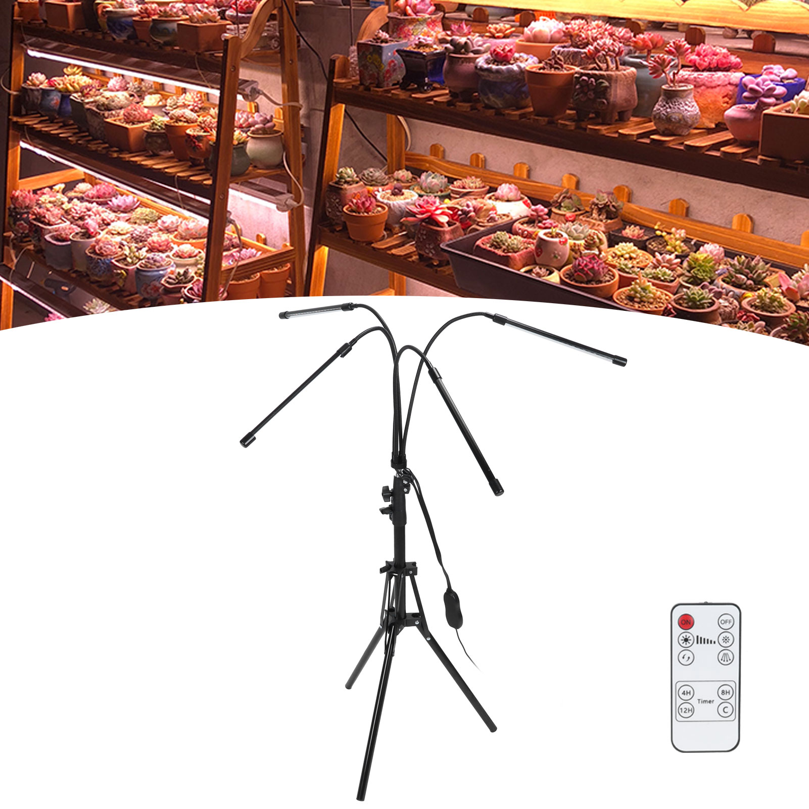 4-flammige Led-pflanzenlampe Mit Stativ, Zeitschaltuhr Und Fernbedienungsdimmer, Eu-stecker 100–240 V