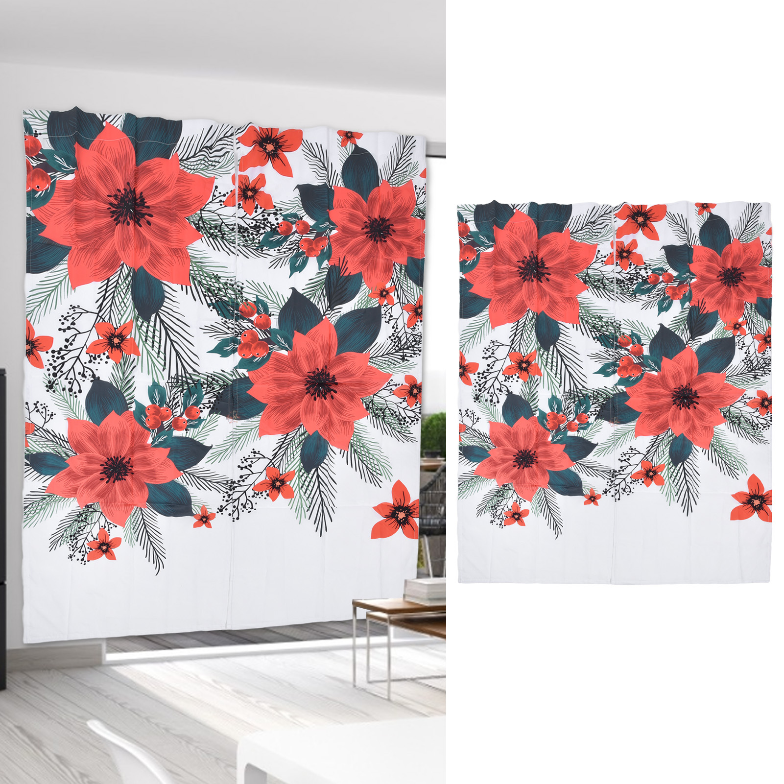 3d-gedruckte Vorhänge Mit Rotem Blumen- Und Grünem Blättermuster, Für Balkon Oder Veranda, 170 X 200 Cm