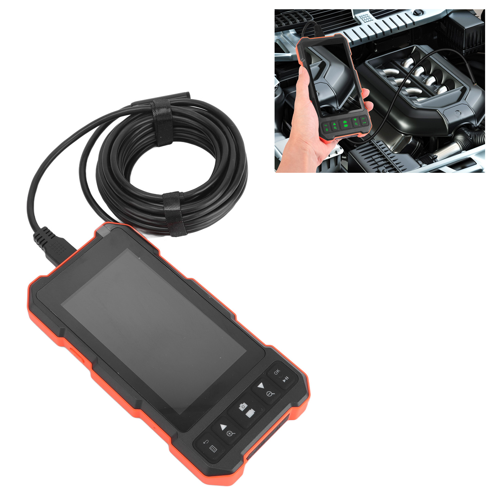 7,9-mm-doppellinsen-endoskop, 4,5-zoll-ips-bildschirm, Ip67-wasserdichte Kamera, 5-meter-kabel, Usb-ladeanschluss.