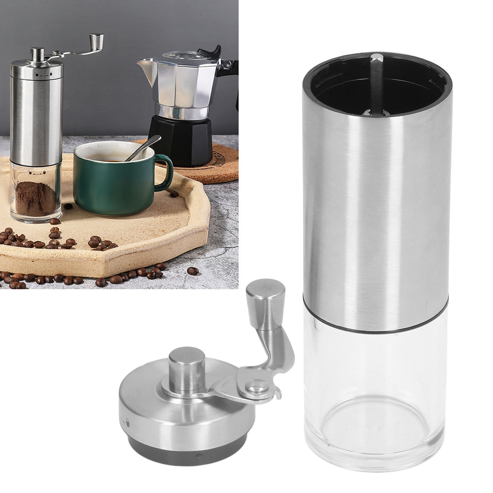 Manuelle Kaffeemühle, Mini-kaffeemühle Aus Edelstahl, Einstellbarer Mahlgrad, Transparenter Edelstahlbehälter.