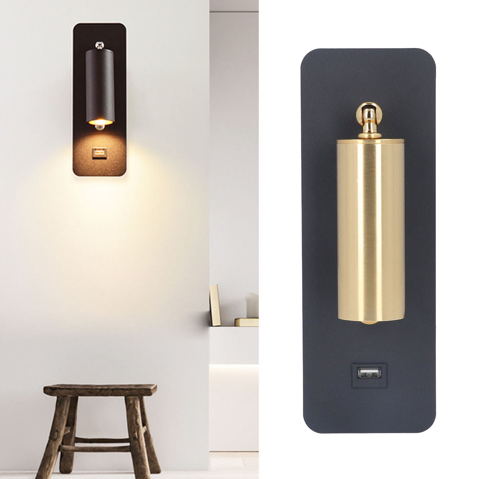 Minimalistische Led-wandleuchte Mit Schlüsselschalter, Usb-ladefunktion, Schwarz Und Gold, Neutrales Licht, Ideal Für Den Einsatz Am Bett (85 Bis 265 V).