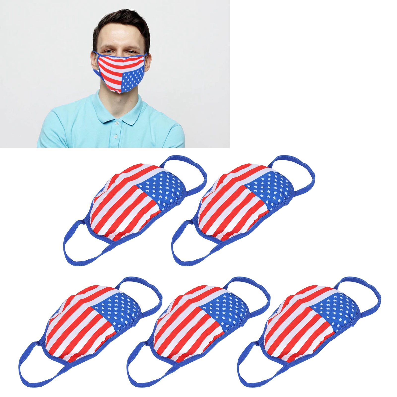 Packung Mit 5 Schutzmasken In Den Farben Der Amerikanischen Flagge, Aus Reiner Baumwolle, Waschbar Für Erwachsene.
