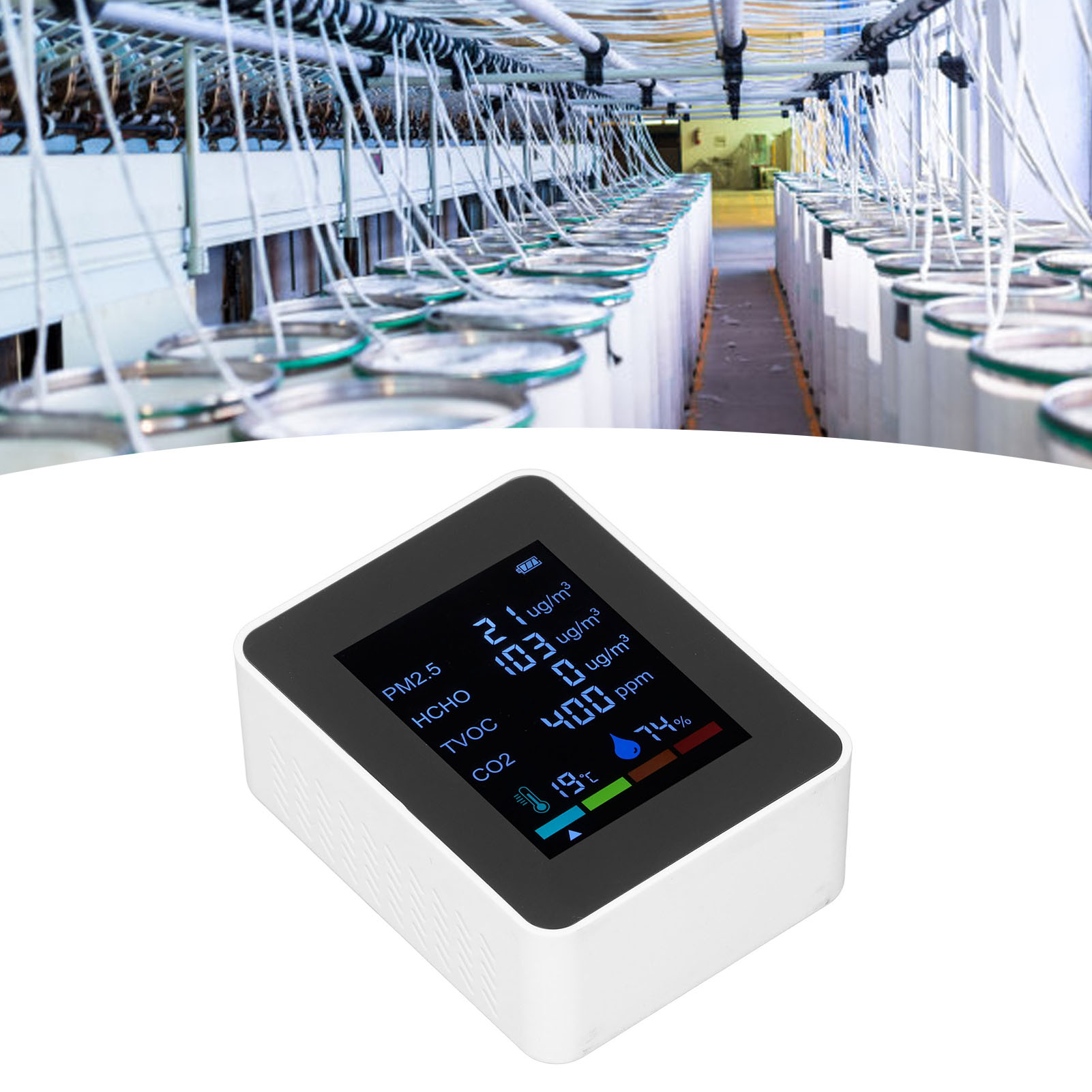 Multifunktionales 6-in-1-luftqualitätsmessgerät Mit Pm2,5-infrarotsensor Und Co2-detektor, Usb-aufladbar, Weiß
