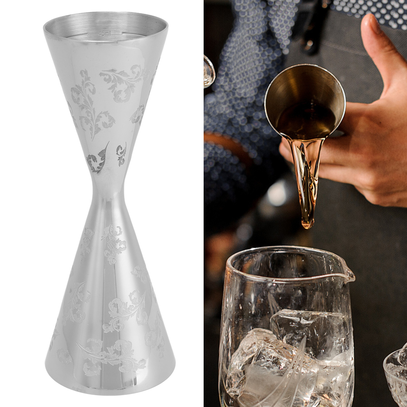 Integrierter Japanischer Messbecher Aus Edelstahl Für Unzen, Bars Und Cocktails, 60/90 Ml, Blattmuster.