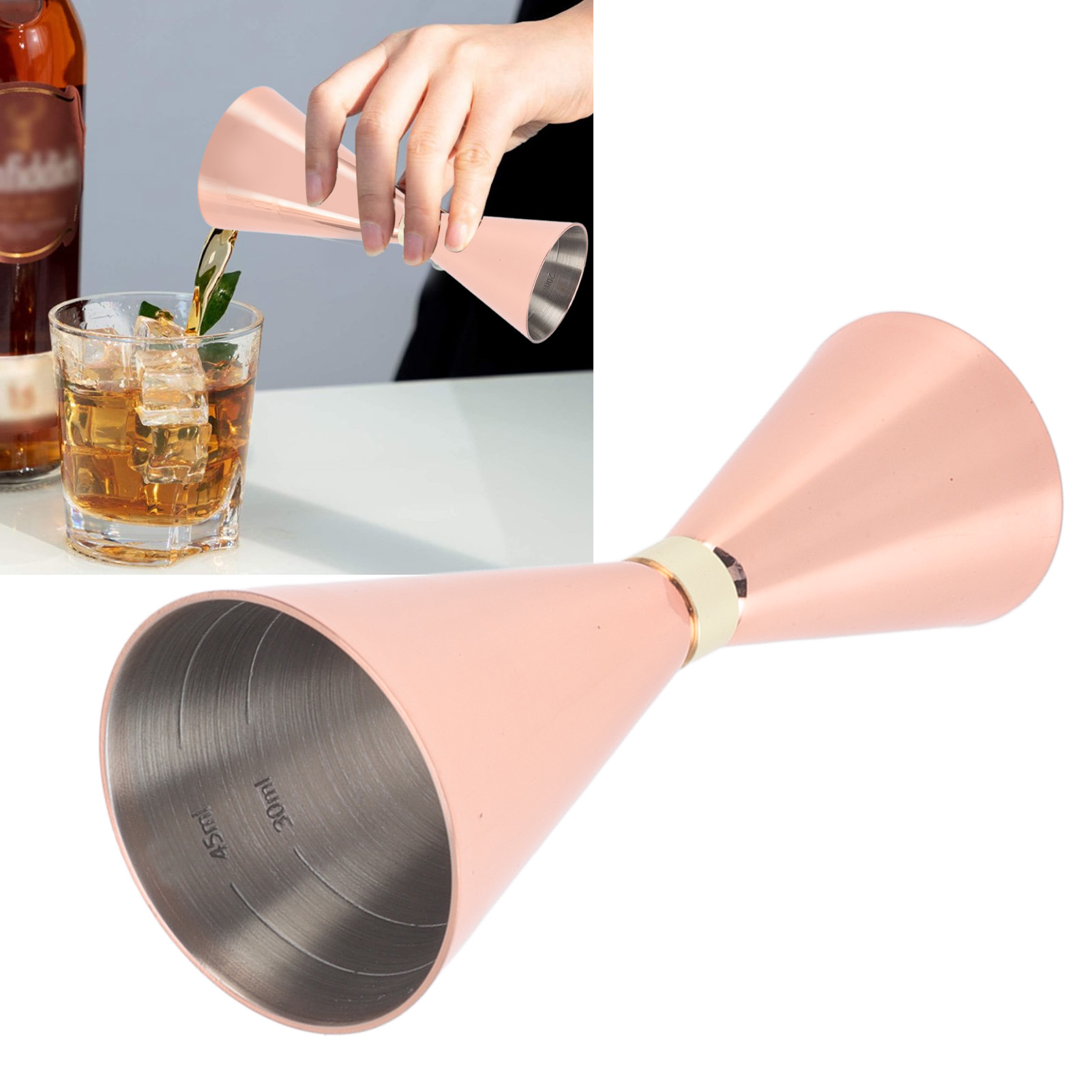Konischer Messbecher Aus Edelstahl Im Japanischen Stil Mit Goldring, 30-60 Ml, Kupferbeschichtet.