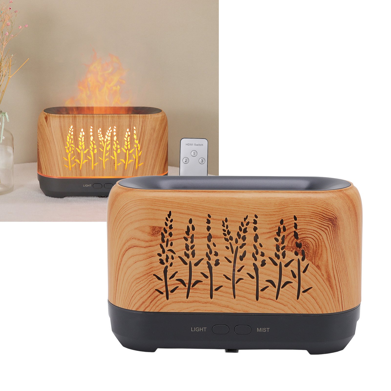200-ml-aromatherapie-luftbefeuchter Mit Hohlflamme, Ambientebeleuchtung, Fernbedienung, Heller Holzoptik, 100–240 V, Europäischer Standard