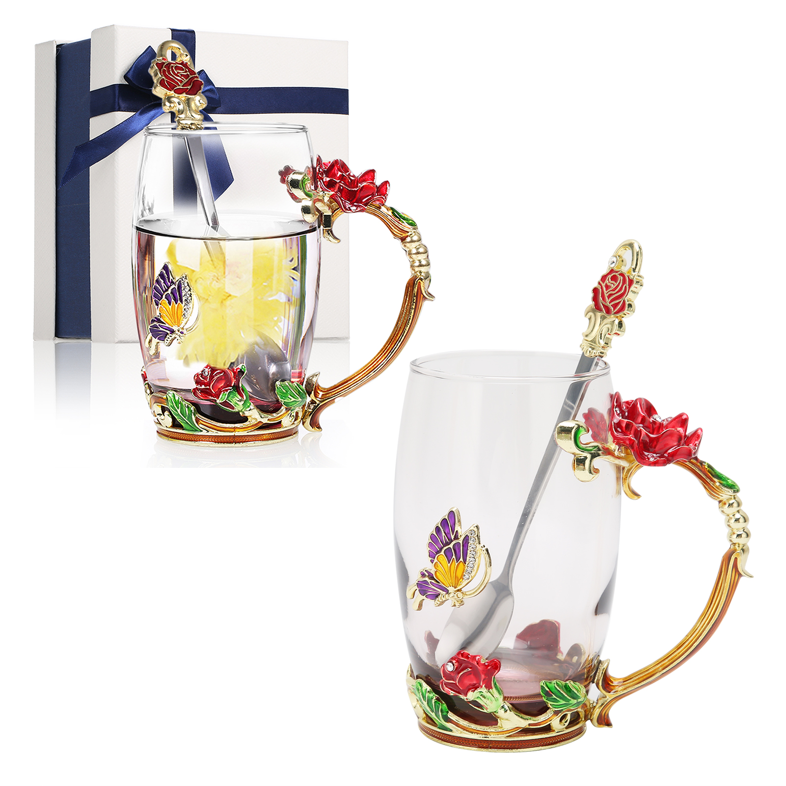 Emaillierter Tee-/kaffeebecher Mit Rot-rosa Blumenmuster, Hitzebeständig, Inklusive Löffel Und Geschirrtuch, Ideal Für Geburtstage Und Partys. 350 Ml