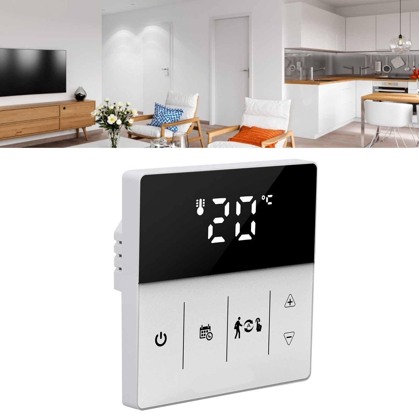 Intelligenter Wi-fi-thermostat Mit Digitalem Touchdisplay, Mobiler App Und Sprachsteuerung, Für Den Heimgebrauch, 90 Bis 240 V, Schwarz Und Weiß.