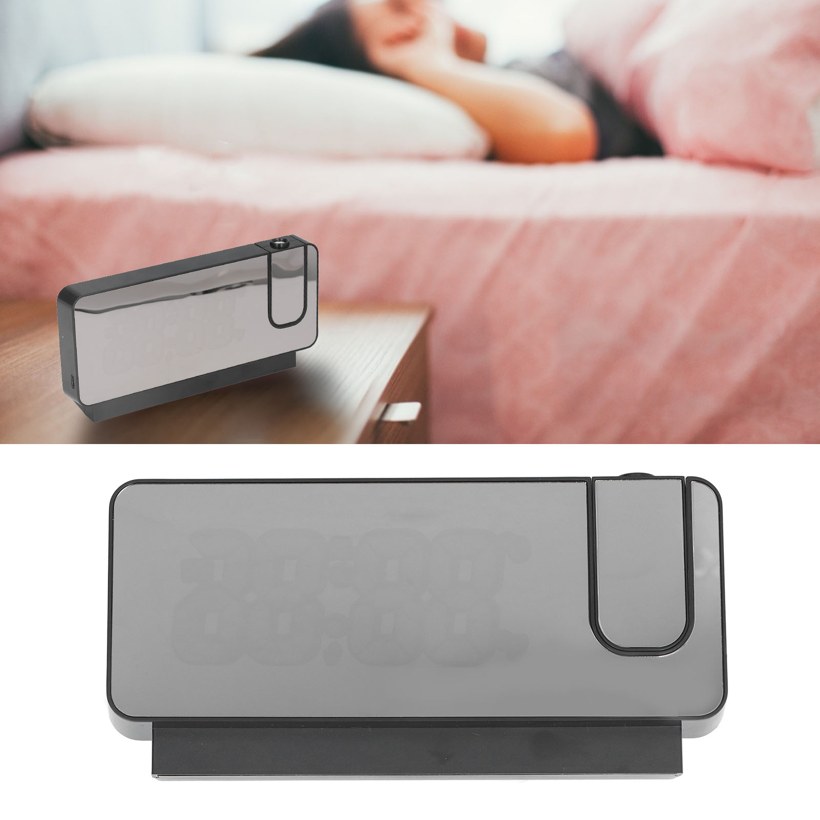 Led-projektionswecker Mit Verspiegelter Digitalanzeige, Hochauflösender Nachttischwecker, Tischkalender, Elektronische Uhr, Schwarzes Gehäuse Mit Weißer Hintergrundbeleuchtung.