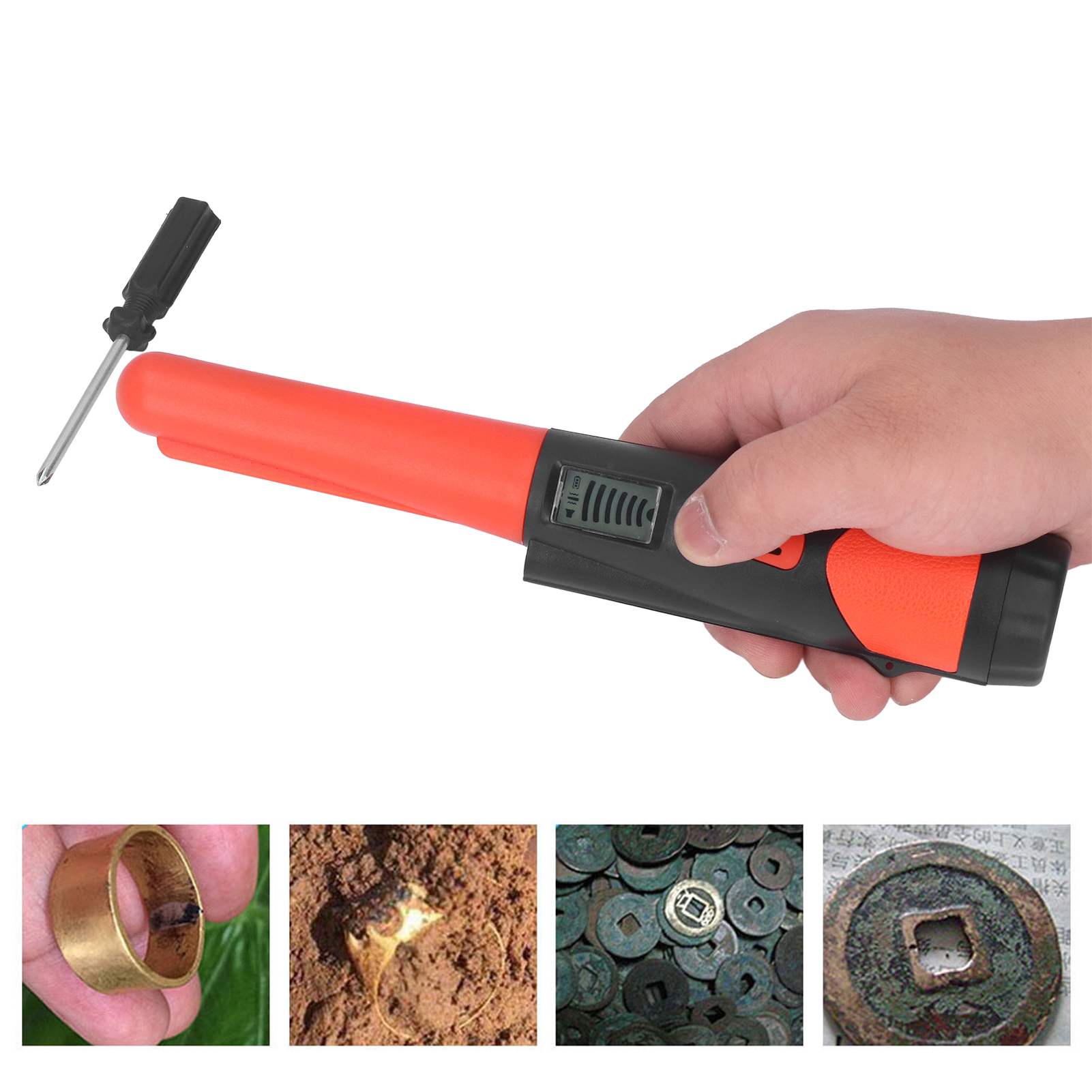 Tragbarer Metalldetektor Mit Lcd-bildschirm, Golddetektor Mit Taschenlampenfunktion, Orange Farbe.