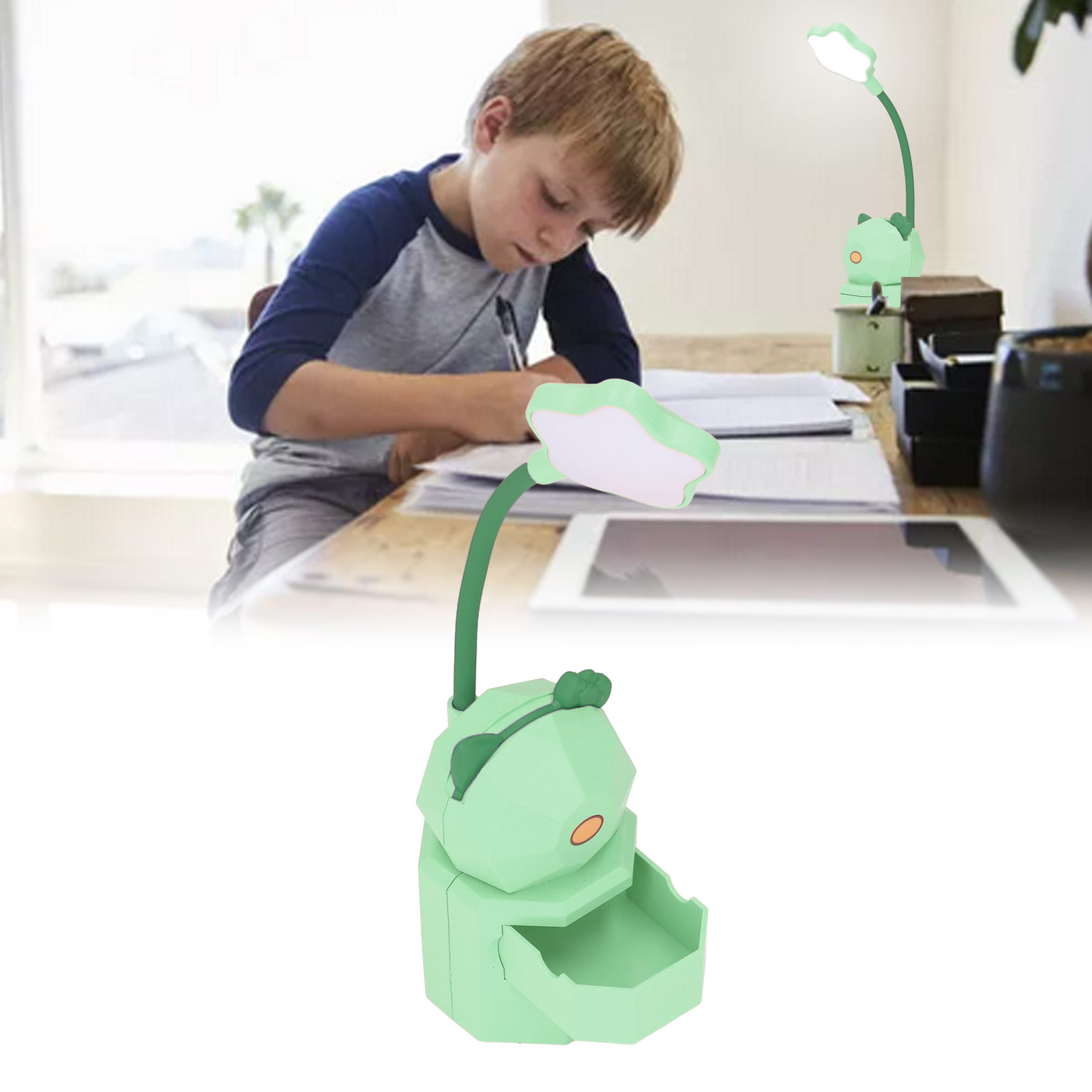 Universelle, Flexible Und Helle Schreibtischlampe Mit Usb-aufladung, Im Cartoon-design, Ideal Zum Lesen Und Lernen. Sie Schont Die Augen Und Dient Gleichzeitig Als Nachtlicht. Farbe: Grün.