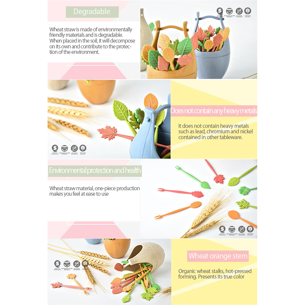 Set Mit 16 Fruchtgabeln Im Nordischen Stil Aus Weizenfasern In Fass- Und Blattform, Perfekt Zum Dekorieren Von Kuchen, Desserts Und Anderen Leckereien. Ideal Für Zuhause, Hochzeiten Und Partys.
