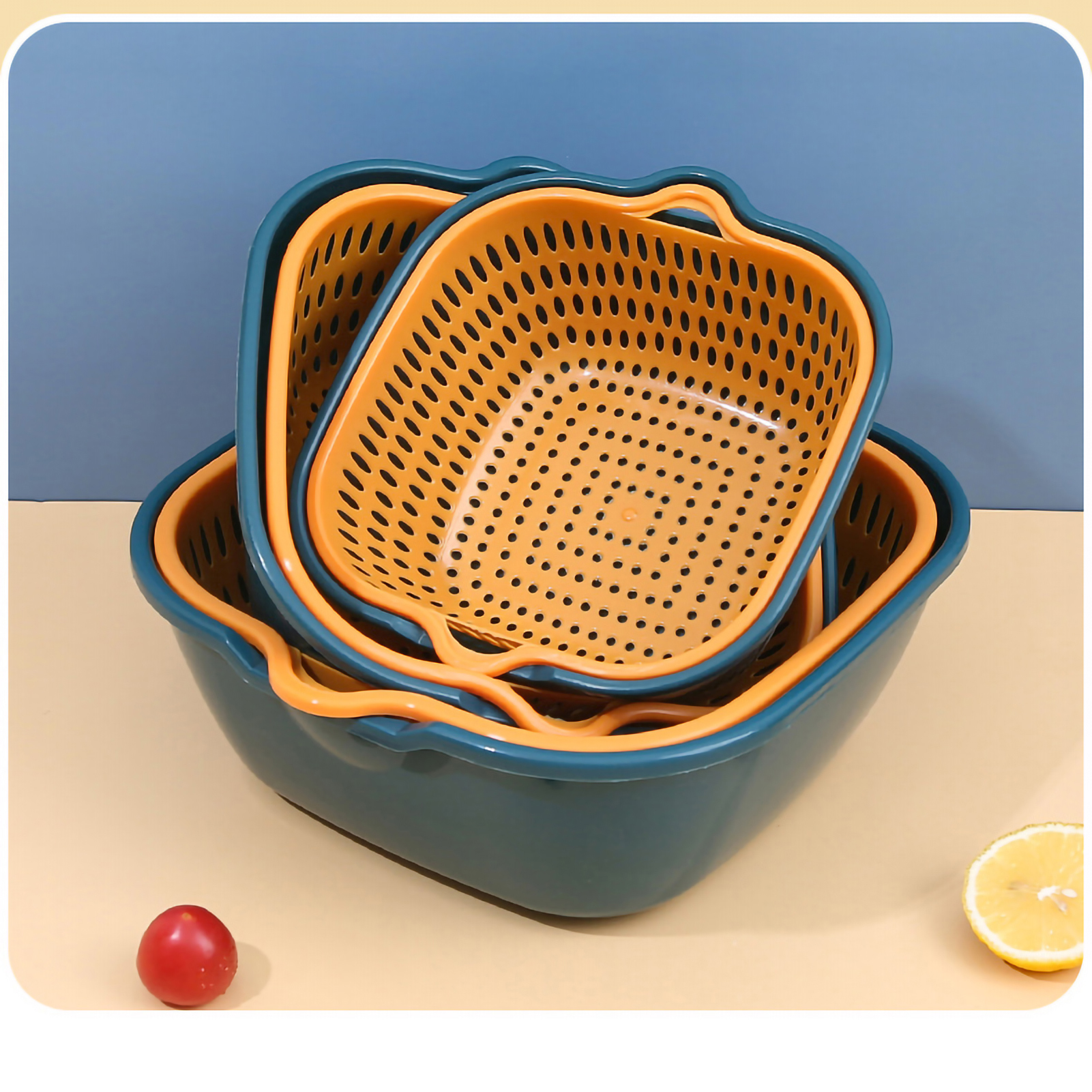Doppellagige Gemüseschale Aus Kunststoff, Multifunktionaler Abtropfkorb Für Die Küche, Obstkorb Für Den Haushalt, Große Ausführung, Blau Und Gelb.