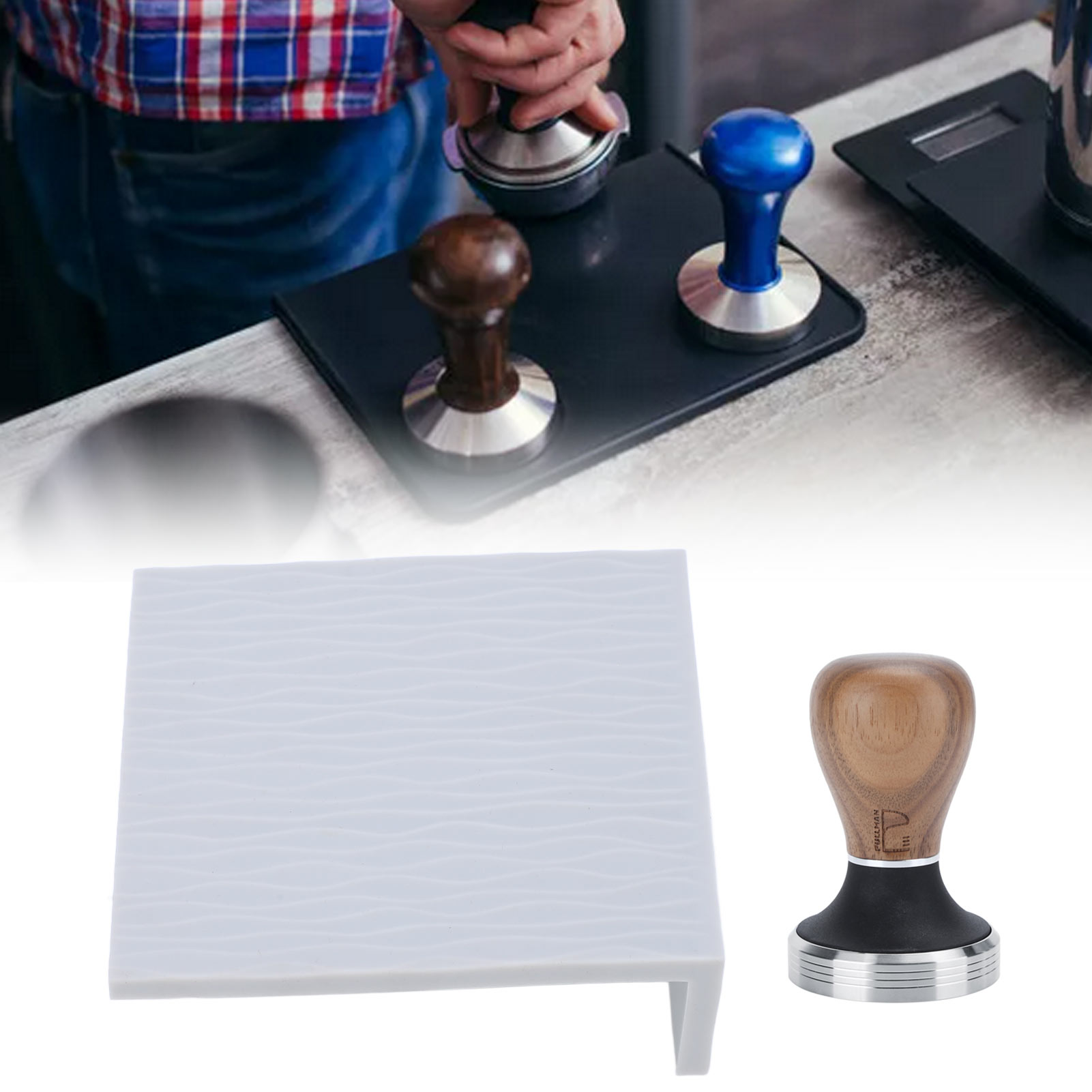 Graue Kaffeetampermatte Mit 58 Mm Langem Walnussholzgriff Und Geprägtem Muster, Kaffeezubehör-set.