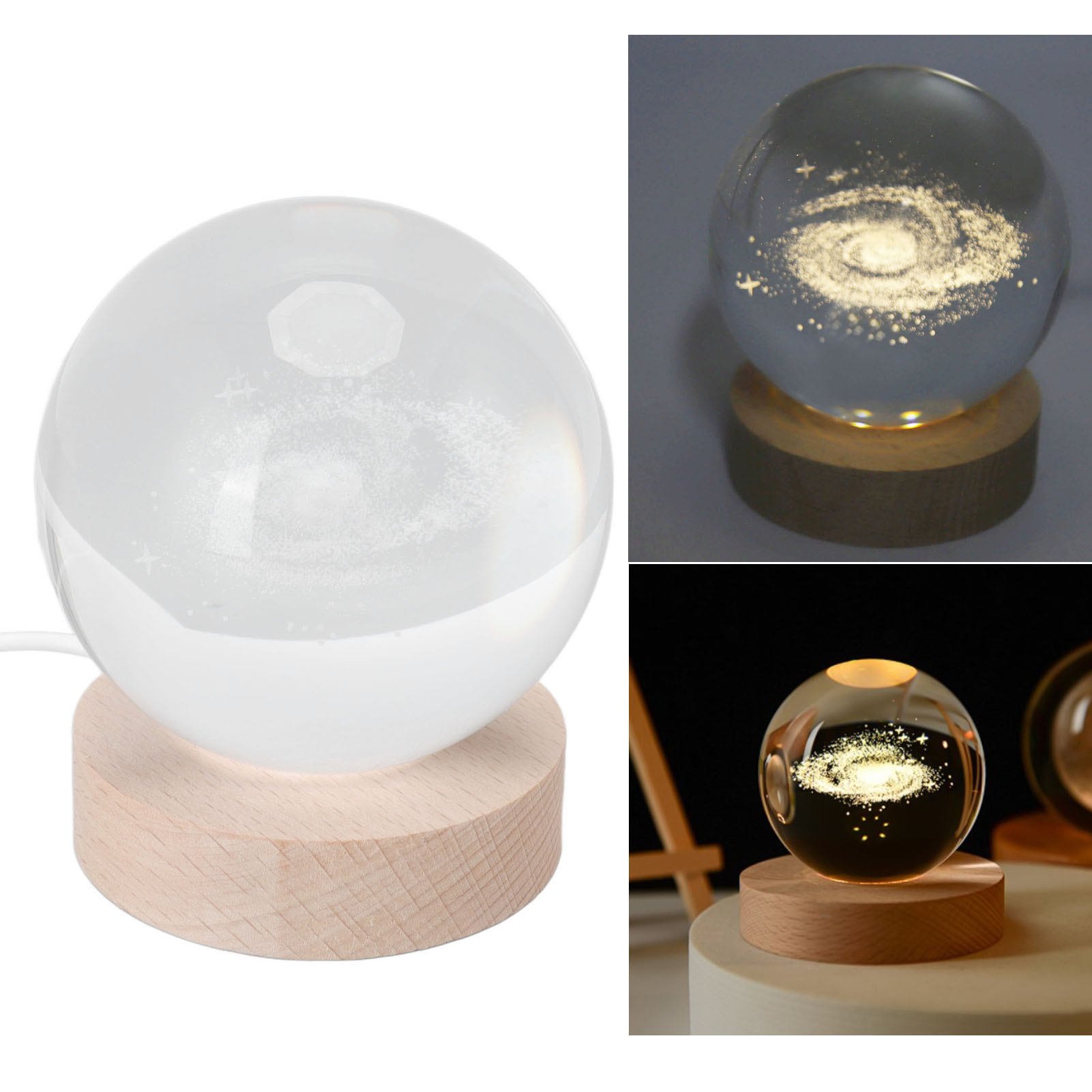 3d-beleuchtete Milchstraßen-kristallkugel Als Nachtlicht Mit Skulptur Für Den Innenbereich, Schreibtischdekoration Aus Holz, 8 Cm Kristallkugel + 7 Cm Sockel, Warmes Milchstraßenlicht