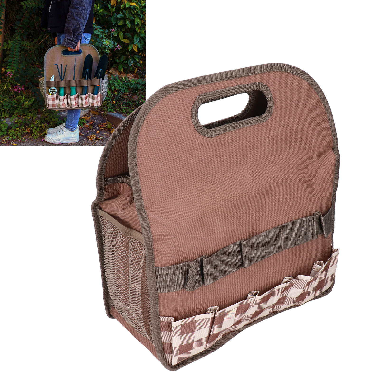 Große, Tragbare Gartengerätetasche, Farblich Abgesetzt, Familien-werkzeugtasche, Aufbewahrungstasche Für Holzbearbeitungswerkzeuge, Kariertes Patchwork-muster.