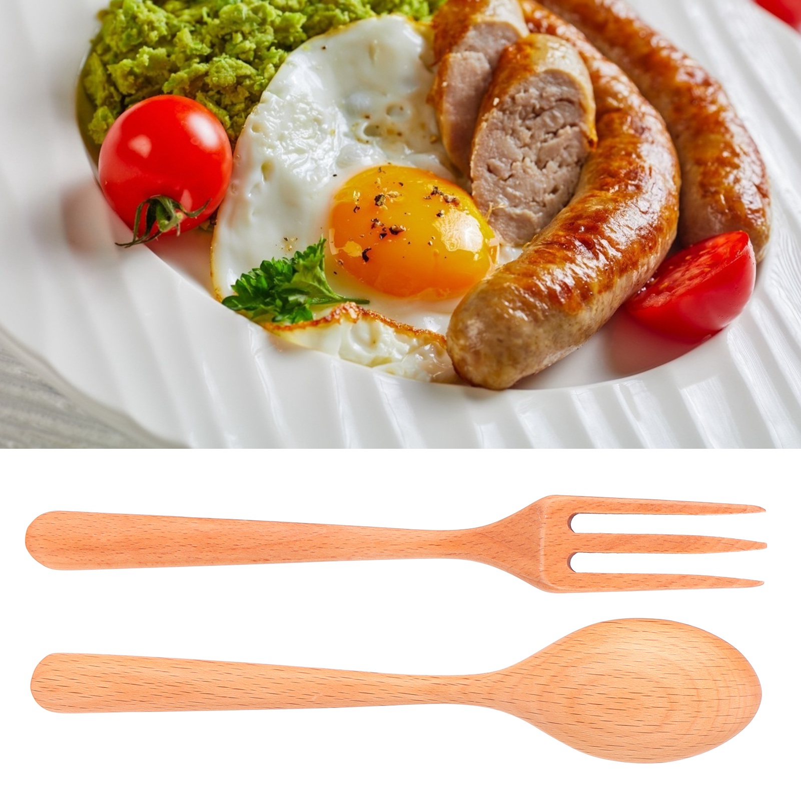 Set Aus 2 Hitzebeständigen Holzgabeln Und -löffeln, Robuste Küchenutensilien Für Zuhause, Restaurant Und Büro. Aus Buchenholz.