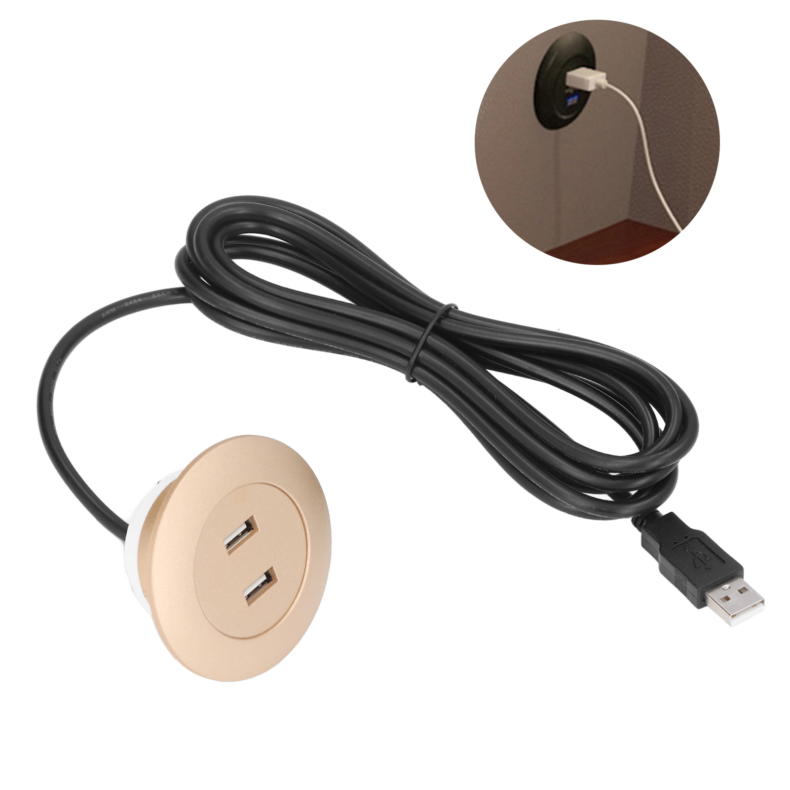 Zwei Versenkte Usb-ladebuchsen Für Sofa Und Sessel, Mit 2,5 M Langem Ladekabel Und Vergoldeter Oberfläche.