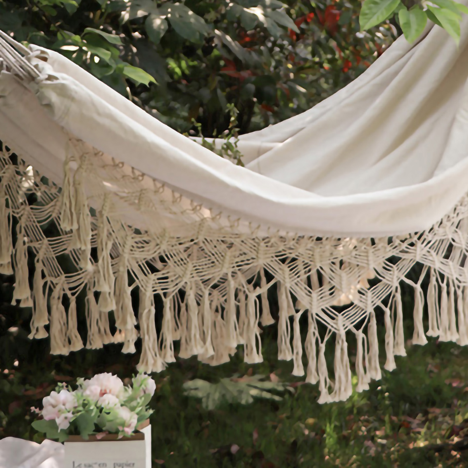 Doppelhängematte Für Outdoor, Camping Und Indoor-freizeit, Exotisches Design, Mit Quasten, Beige, Großhandel + 2 Seile Und Aufbewahrungstasche, 200 X 150 Cm