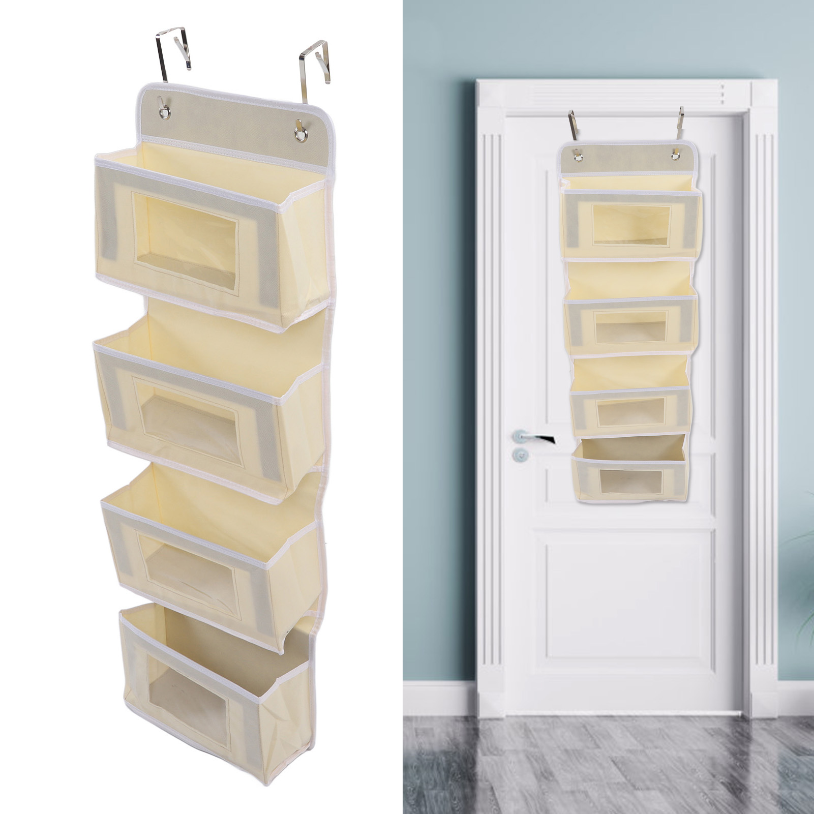Hängender Wandorganizer Mit Haken, Zum Aufhängen Über Der Tür, Für Speisekammer, Kinderzimmer, Küche, Kleiderschrank, Studentenwohnheim, Beige, 4 Fächer