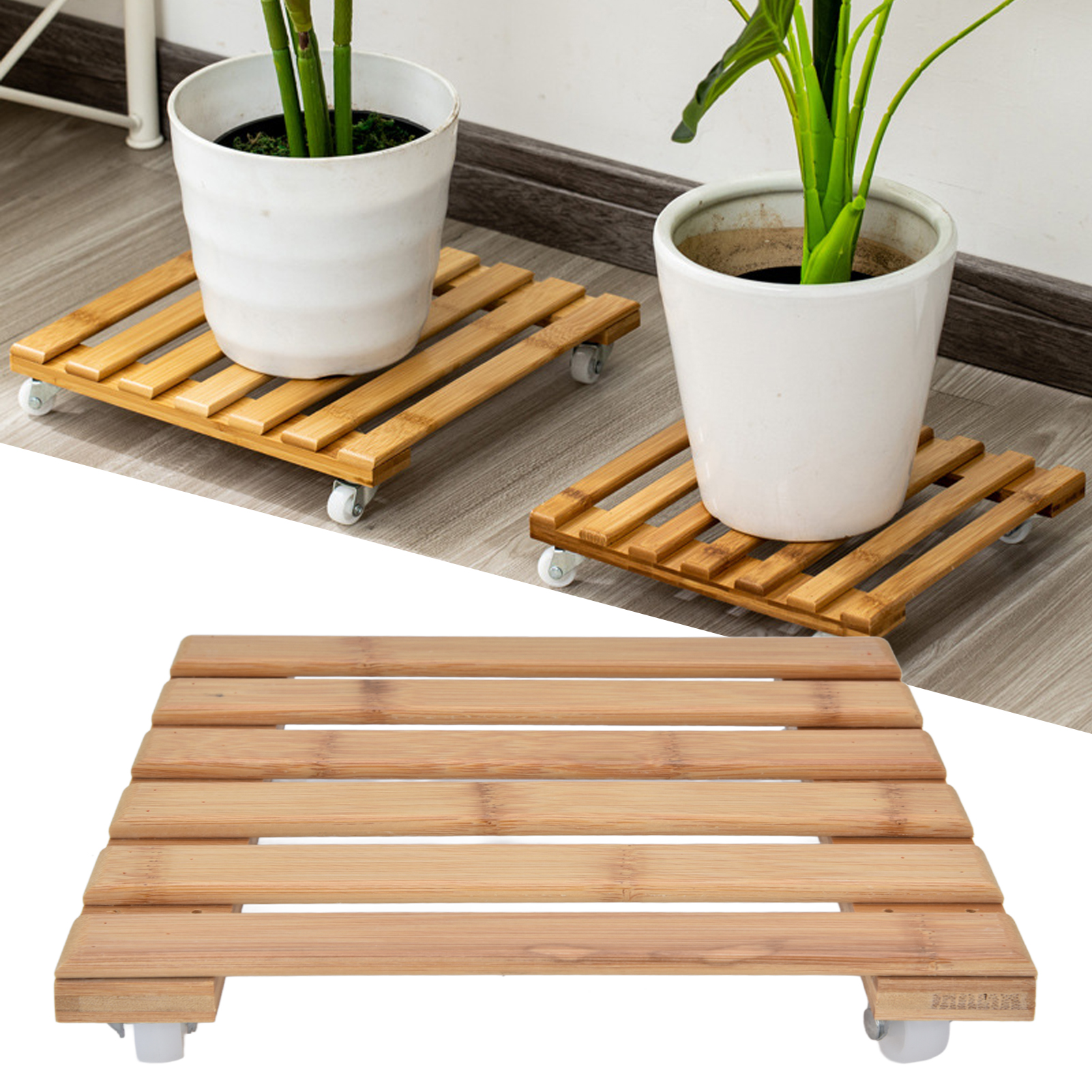 Kleiner, Quadratischer (25 X 25 Cm) Bambus-blumenständer Mit Rollen, 360° Drehbar
