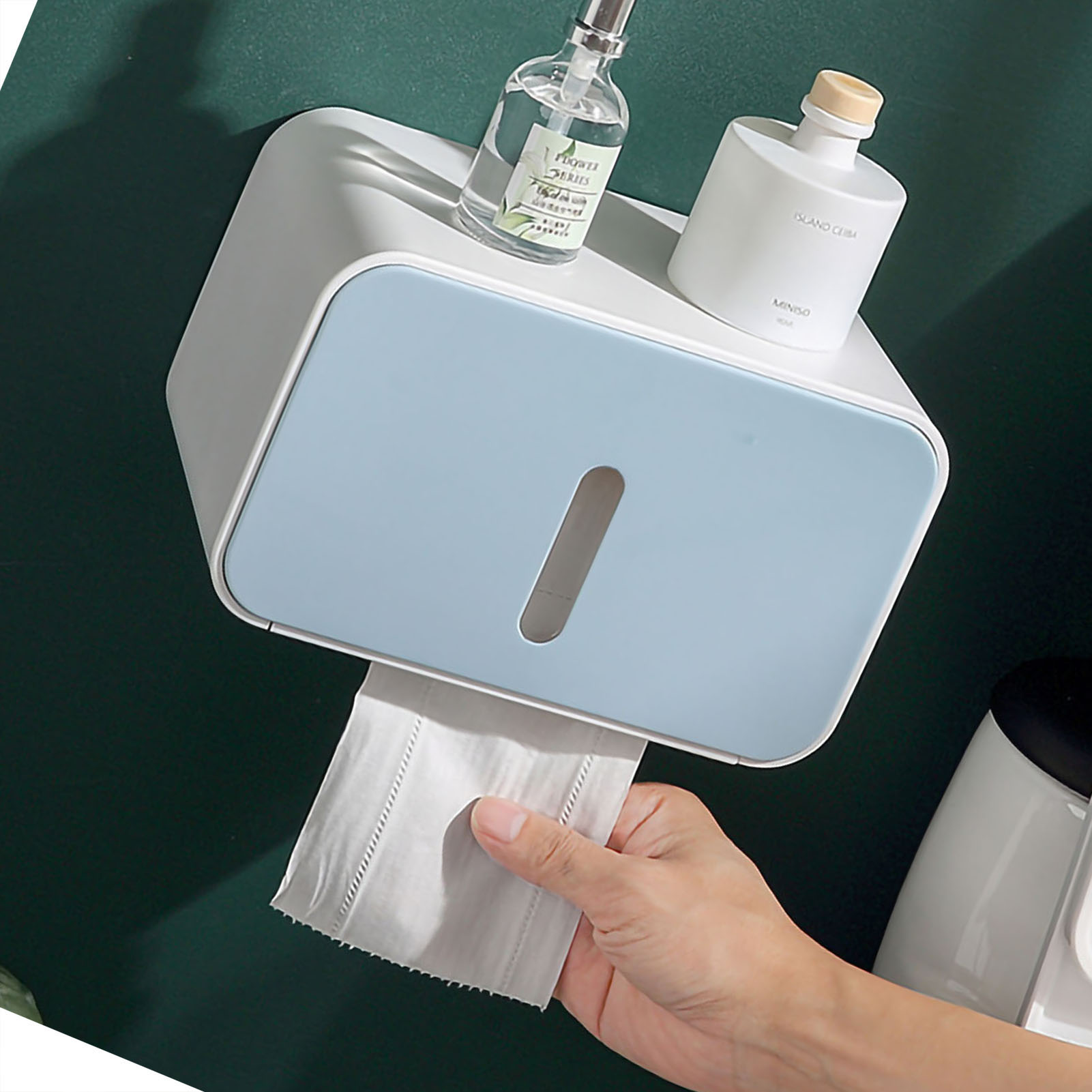 Neuer, Wandmontierter, Wasserdichter Toilettenpapierhalter Von Ecoco Mit Klappdeckel, Blau, Auf Lager.