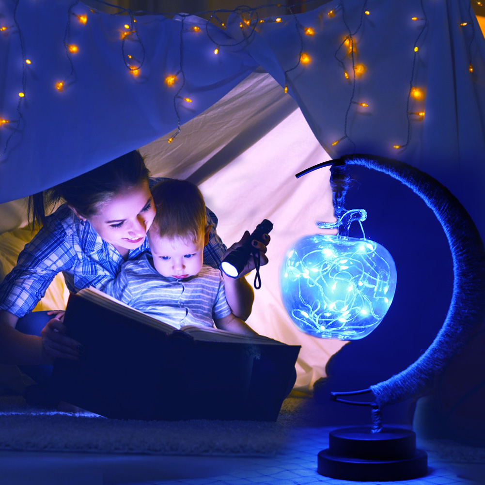 Laterne Aus Kupferdraht, 20 Leds, Apfelförmig, Handgefertigt Aus Hanfseil Und Eisen, Blaues Nachtlicht Fürs Schlafzimmer