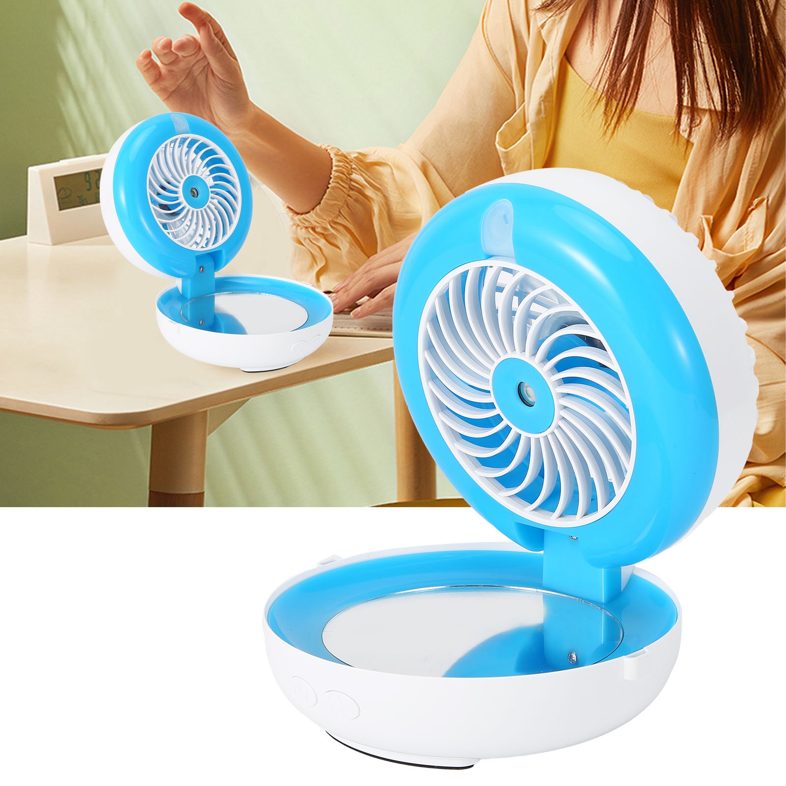 Tragbarer, Multifunktionaler Faltventilator Mit Kosmetikspiegel Und Luftbefeuchter, Usb-aufladbar, Blau