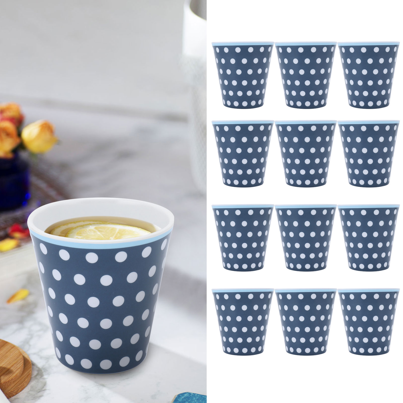 Set Mit 12 Hitzebeständigen Melamin-milchbechern Mit Blauen Punkten Für Den Privaten Und Gewerblichen Gebrauch