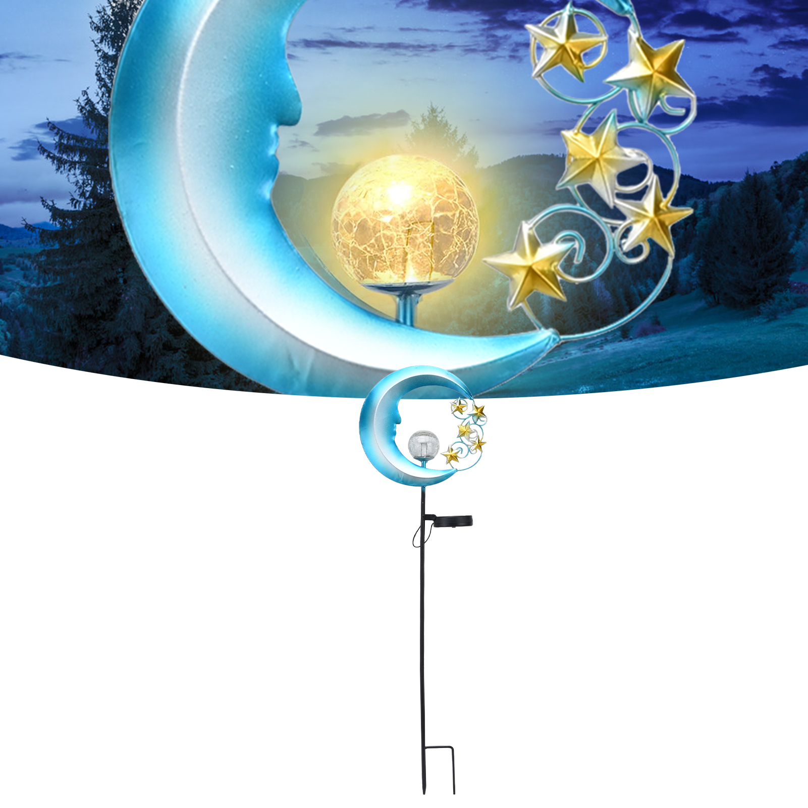 Solarbetriebene Led-stehlampe Aus Schmiedeeisen In Mondform, Durchbrochene Stehlampe Aus Schmiedeeisen In Form Eines Sternenklaren Blauen Mondes, Solarbetrieben Für Begrünte Wege