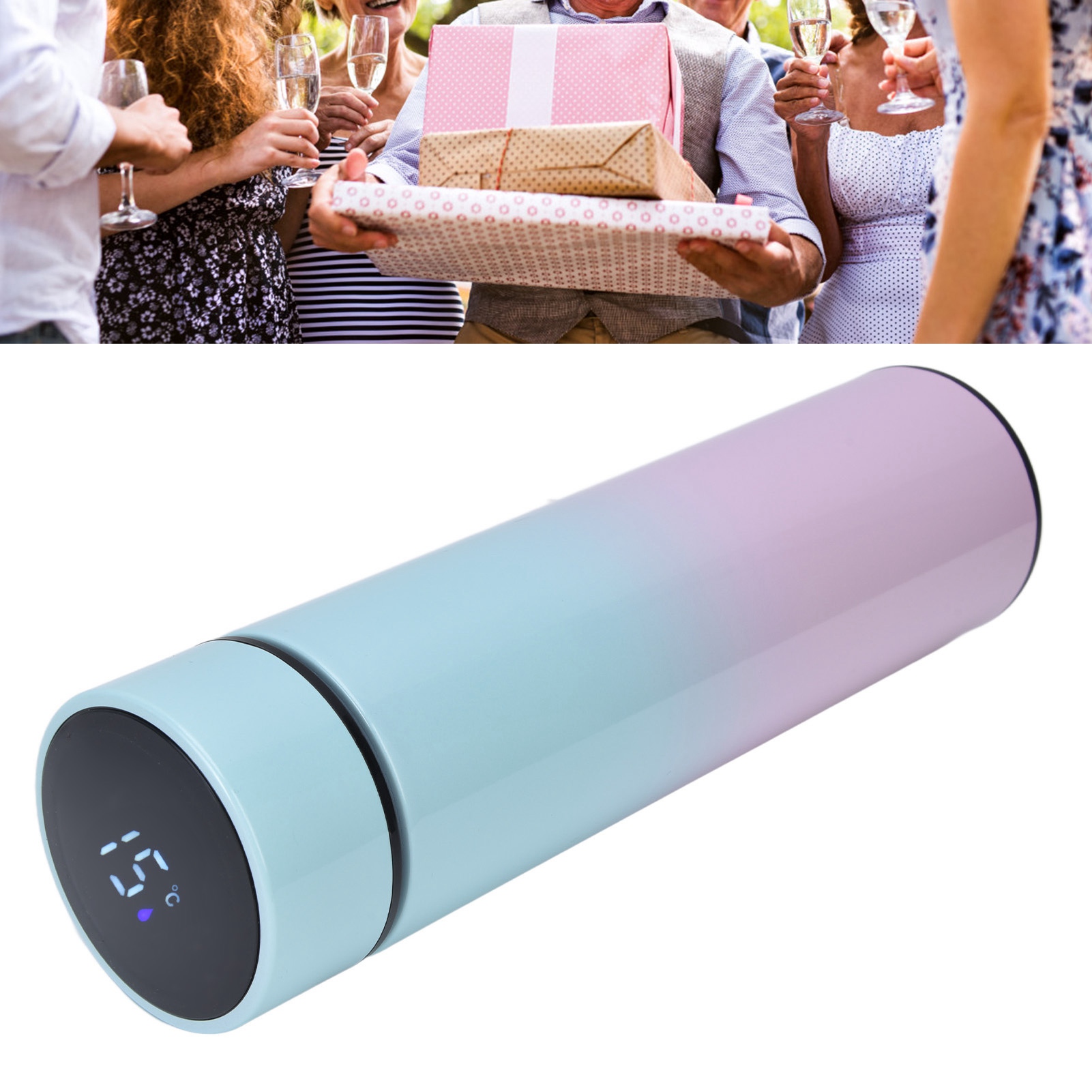 Intelligenter Isolierbecher Mit Temperaturanzeige, Led-touch-anzeige, Doppelwandigem Vakuum-edelstahlbecher Und Geradem Korpus, Hellblauer Farbverlauf.