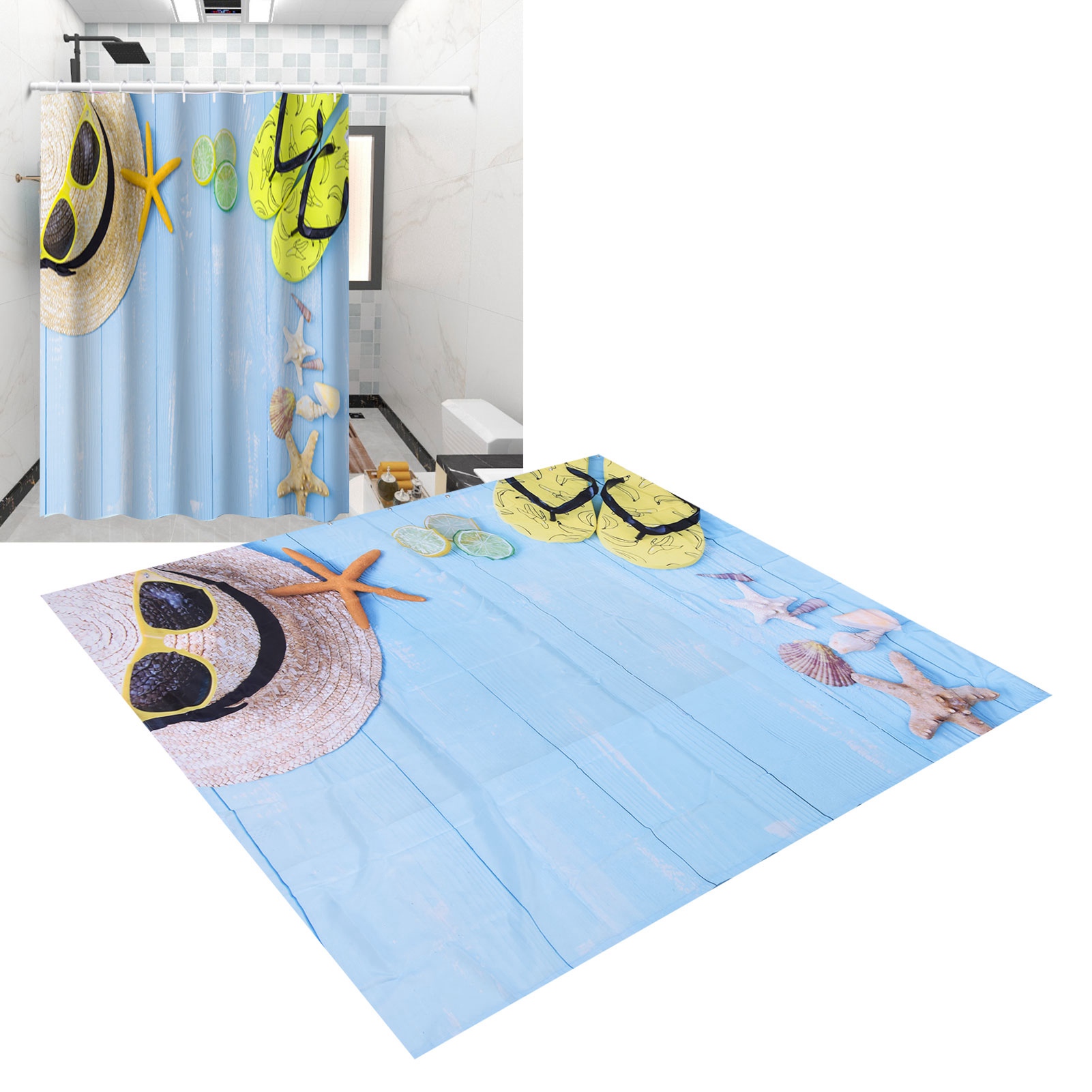 Wasserdichter Duschvorhang Mit Strandmuster Aus Polyester, Mit Haken, Für Badezimmer, 180 X 200 Cm.