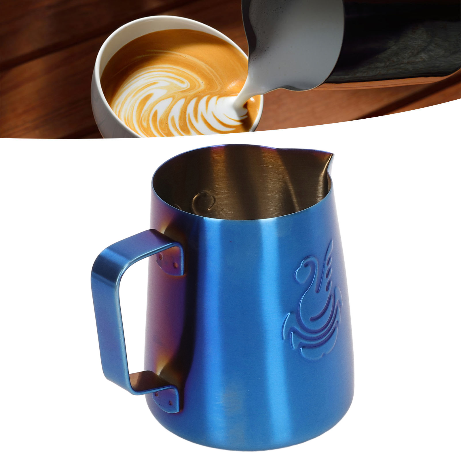 380 Ml Latte-art-becher Mit Klappgriff Und Glänzender Oberfläche, Aus Edelstahl 304, Spitzem Ausguss Und Schwanenförmigem Design, Blau.