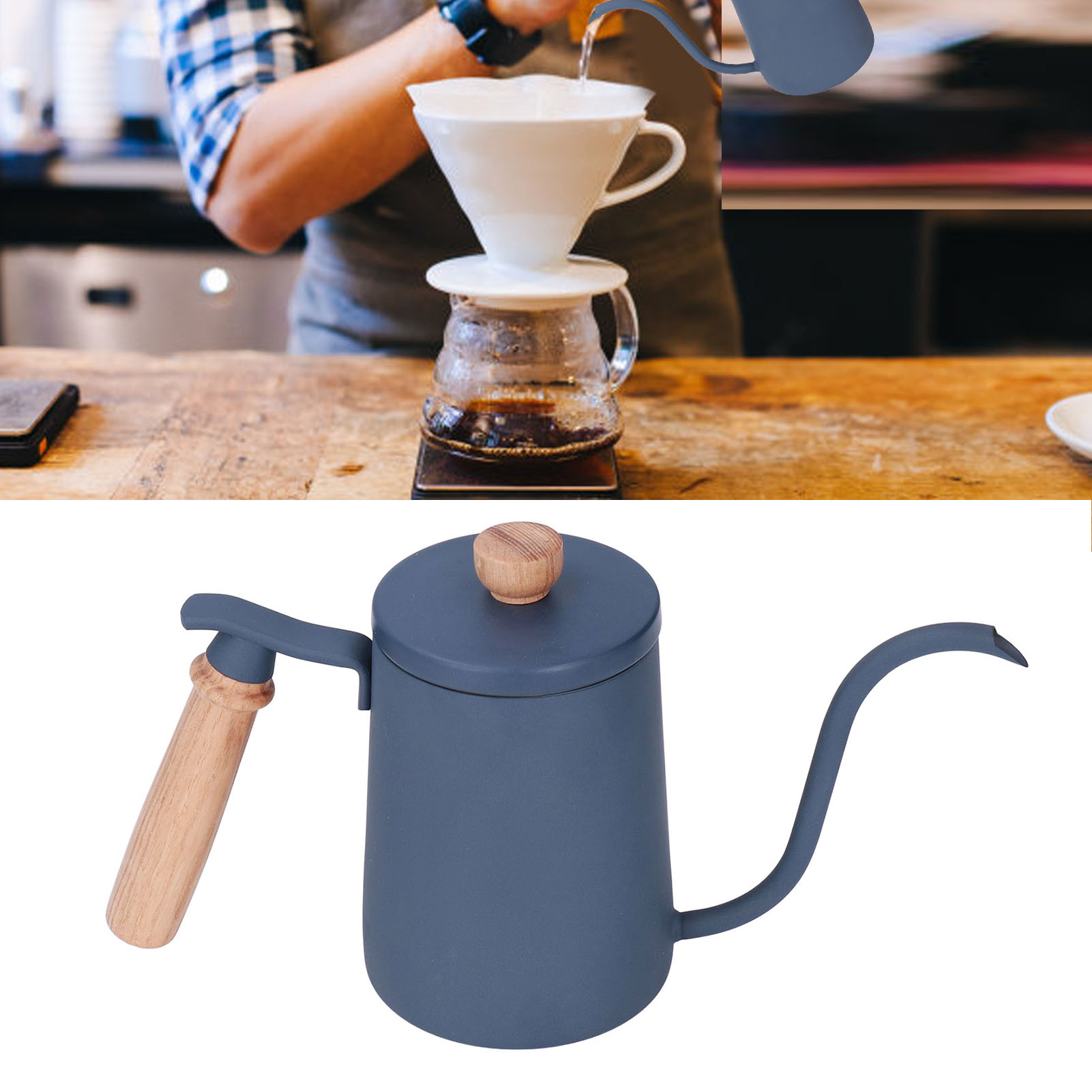 Kaffeefilterkanne Aus Dickem Edelstahl 304 Mit Massivholzgriff, Direkt Vom Hersteller, 600 Ml Fassungsvermögen, Blau.