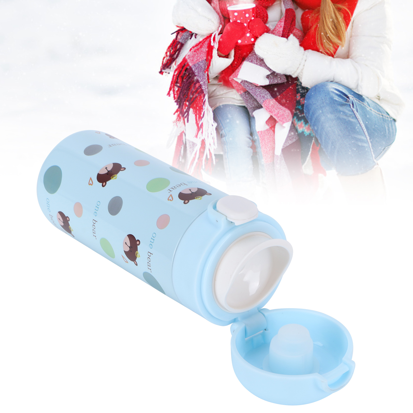 Isolierter Trinkbecher Mit Cartoon-tiermotiv, Aus Edelstahl 304, Mit Federndem Knopf, Blau, 350-500 Ml.