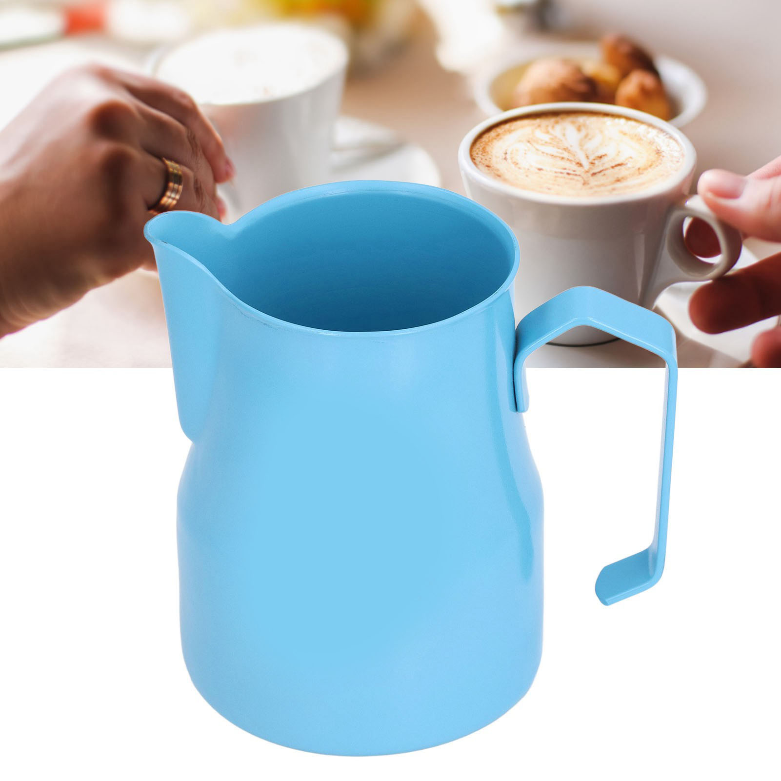 550 Ml Latte-art-becher Im Italienischen Stil Mit Langem Ausguss, Edelstahl, Mit Aufgedrucktem Design, Blau.