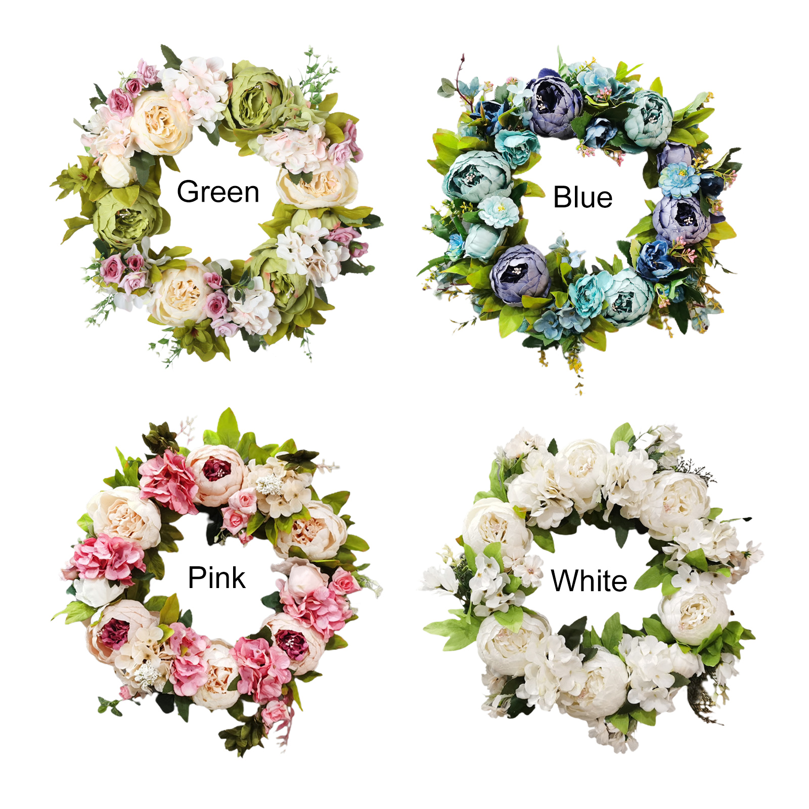 Blauer Pfingstrosenkranz / Blüten - Seidenstoff, Blätter - Seidenstoff, Kunststoff, Rückseite - Weinrebenkranz / Außendurchmesser Des Weinrebenkranzes 30 Cm, Außendurchmesser Des Kranzes 40 Cm /