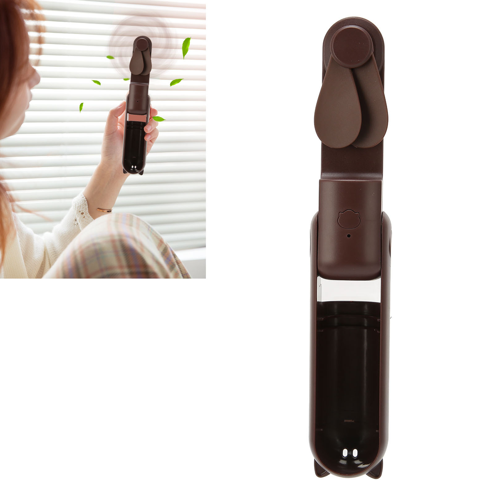 Tragbarer, Faltbarer Mini-ventilator Im Cartoon-stil, Per Usb Aufladbar, Kaffeebraune Farbe.