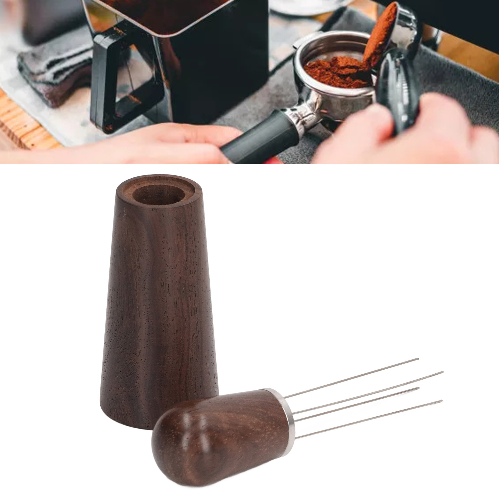 Kaffeepulverspender Mit Edelstahlnadel, Holzgriff Und -sockel Kaffeepulverspender Mit Vier Schwarzen Nadeln.