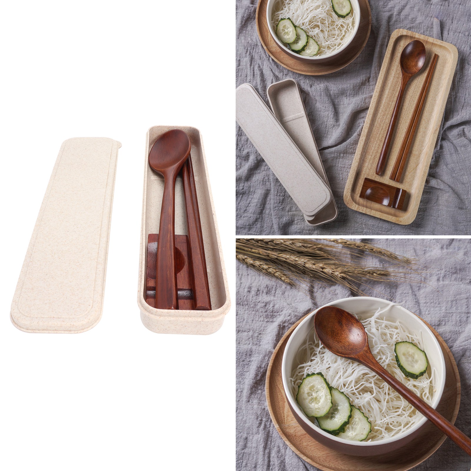 Vierteiliges Holzbesteckset Bestehend Aus Essstäbchen, Löffel Und Handablage, Inklusive Box. Praktisches Besteck Für Schule Und Büro.
