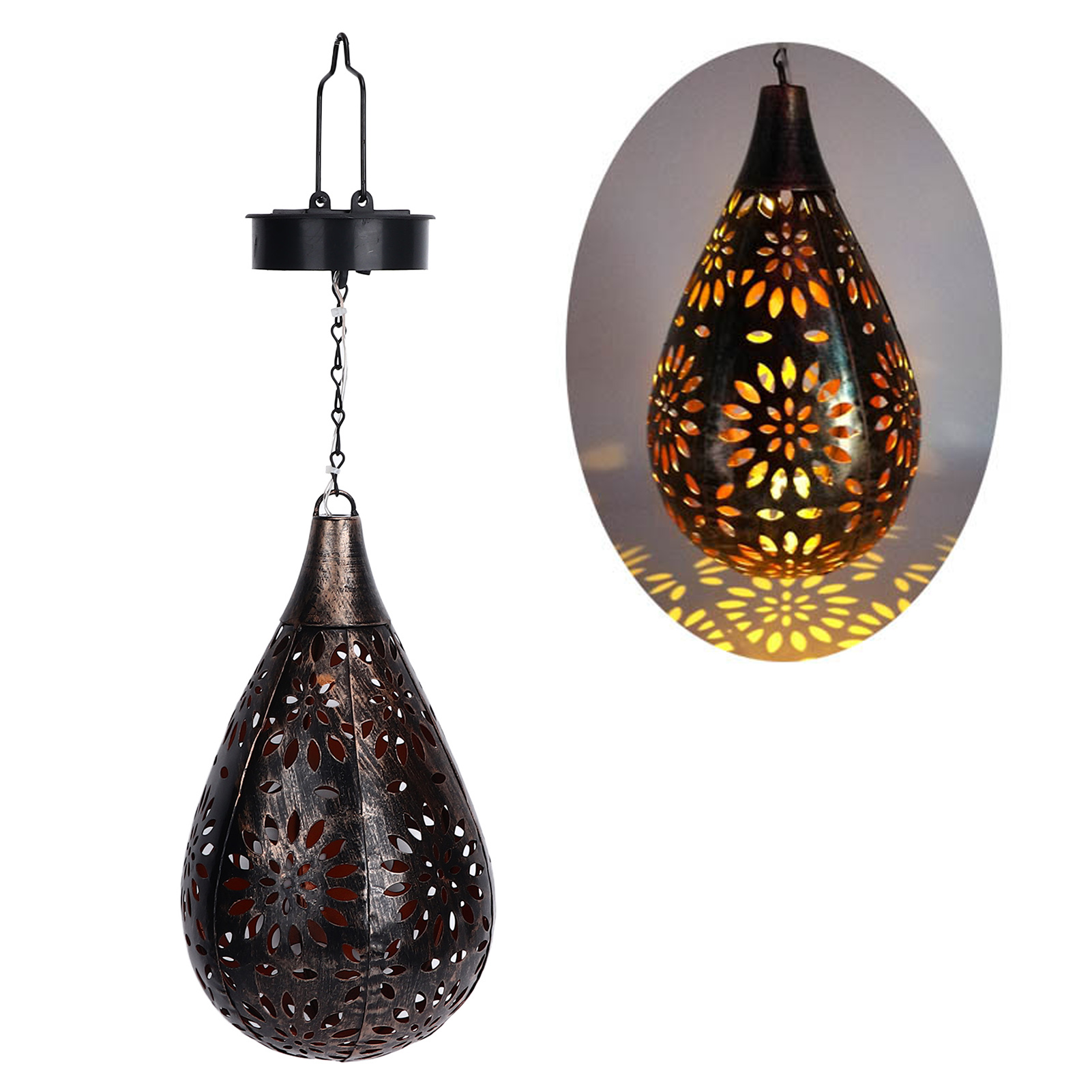 Solarbetriebene Hofleuchte, Hängeleuchte Aus Perforiertem Metall, Gartenpendelleuchte, Solar-außenleuchte, Wasserdichte Lampe In Tropfenform.
