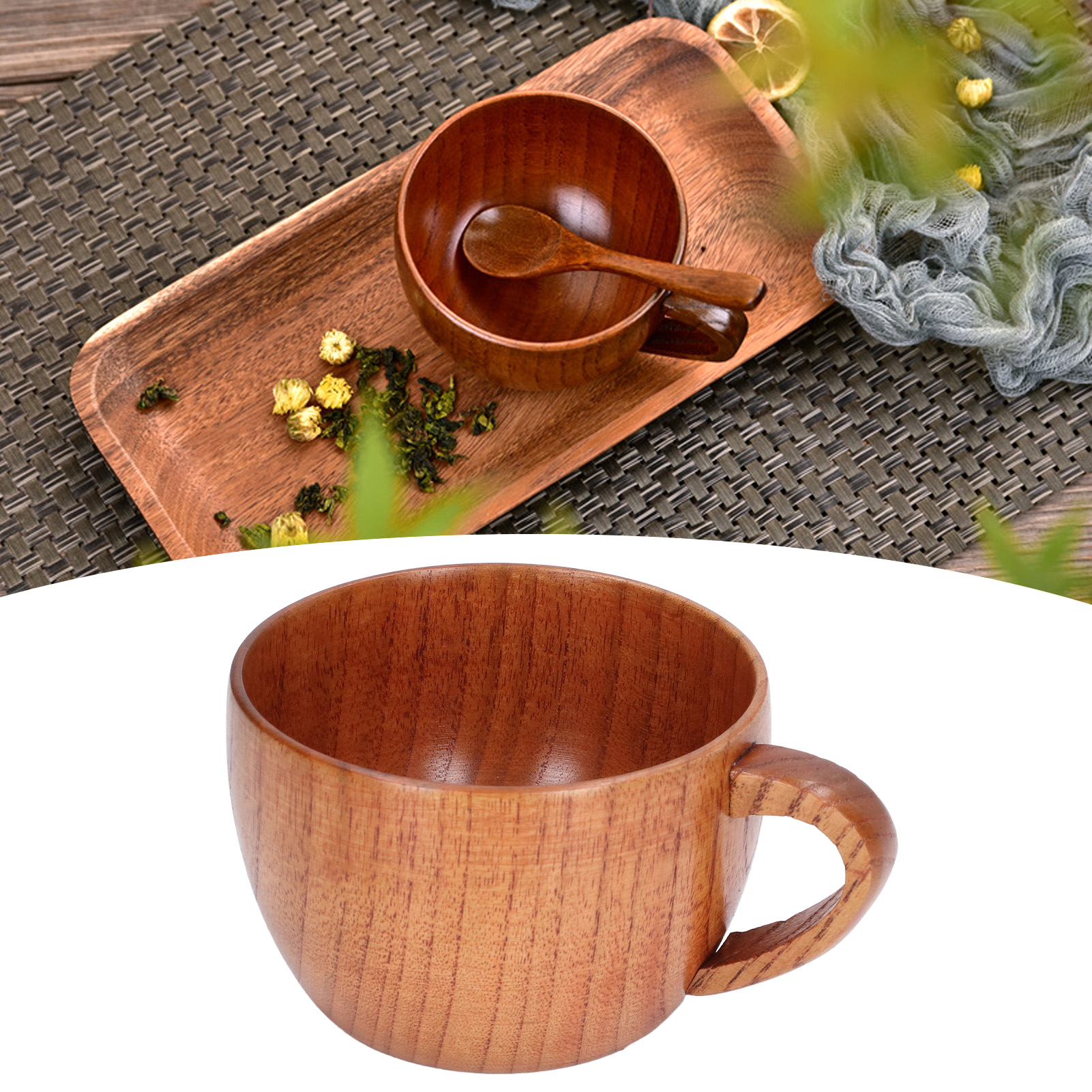 Japanische Kaffeetasse Mit Flachem Boden Aus Jujube-holz, Mit Henkel, Isolierte Teetasse, Tragbarer Becher, Massivholz, 200 Ml.