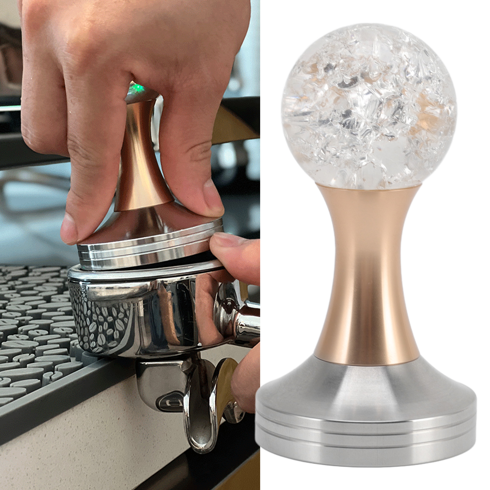 Flache Kristall-kaffeekugel, Edelstahlfuß, Kaffeepulverhammer Für Kaffeezubehör, Gold 51 Mm