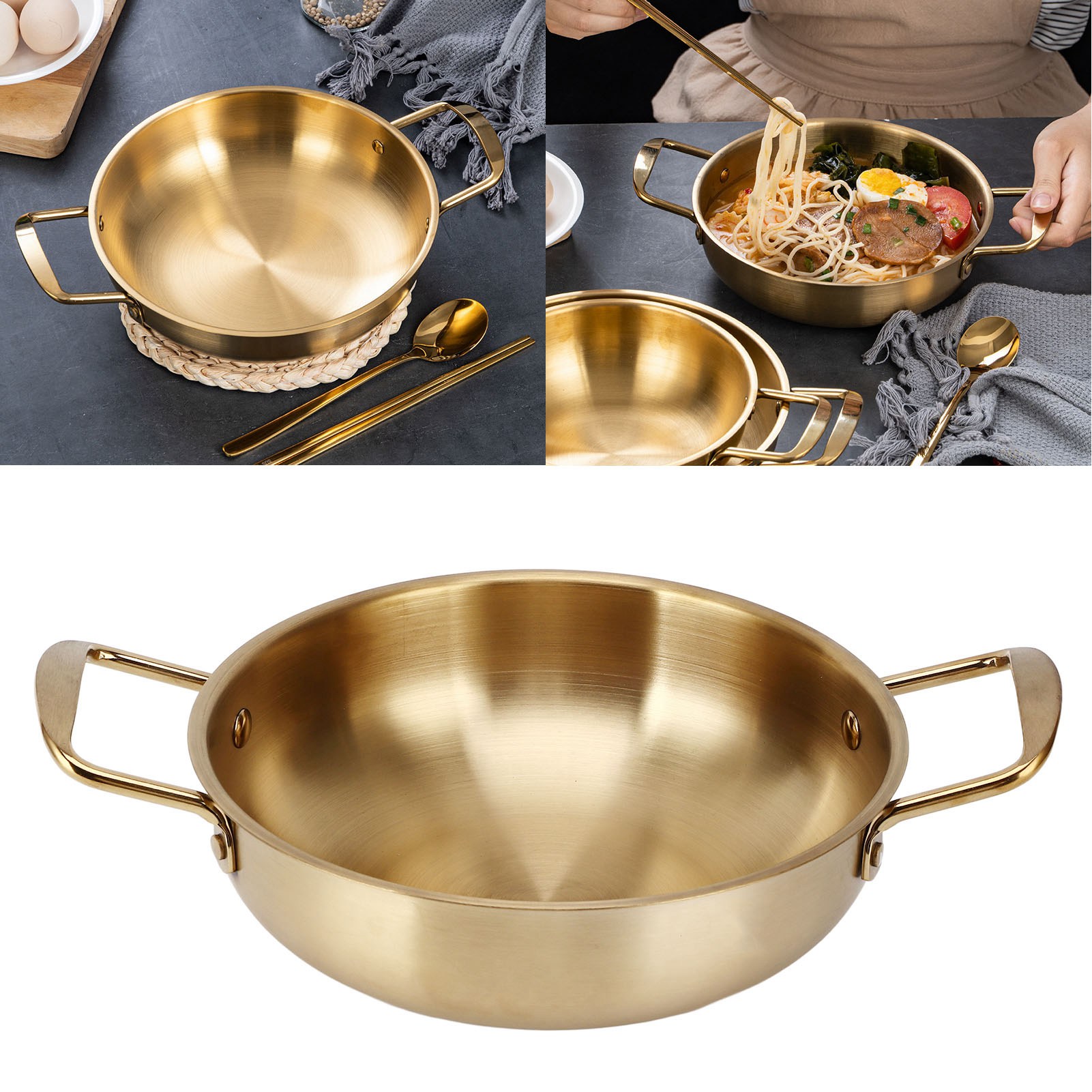 Vergoldeter Koreanischer Instantnudeltopf Aus Edelstahl, Mini-topf, Doppelgriffiger Trockentopf, Geeignet Für Gasherde, Meeresfrüchtetopf, 28 Cm Innendurchmesser