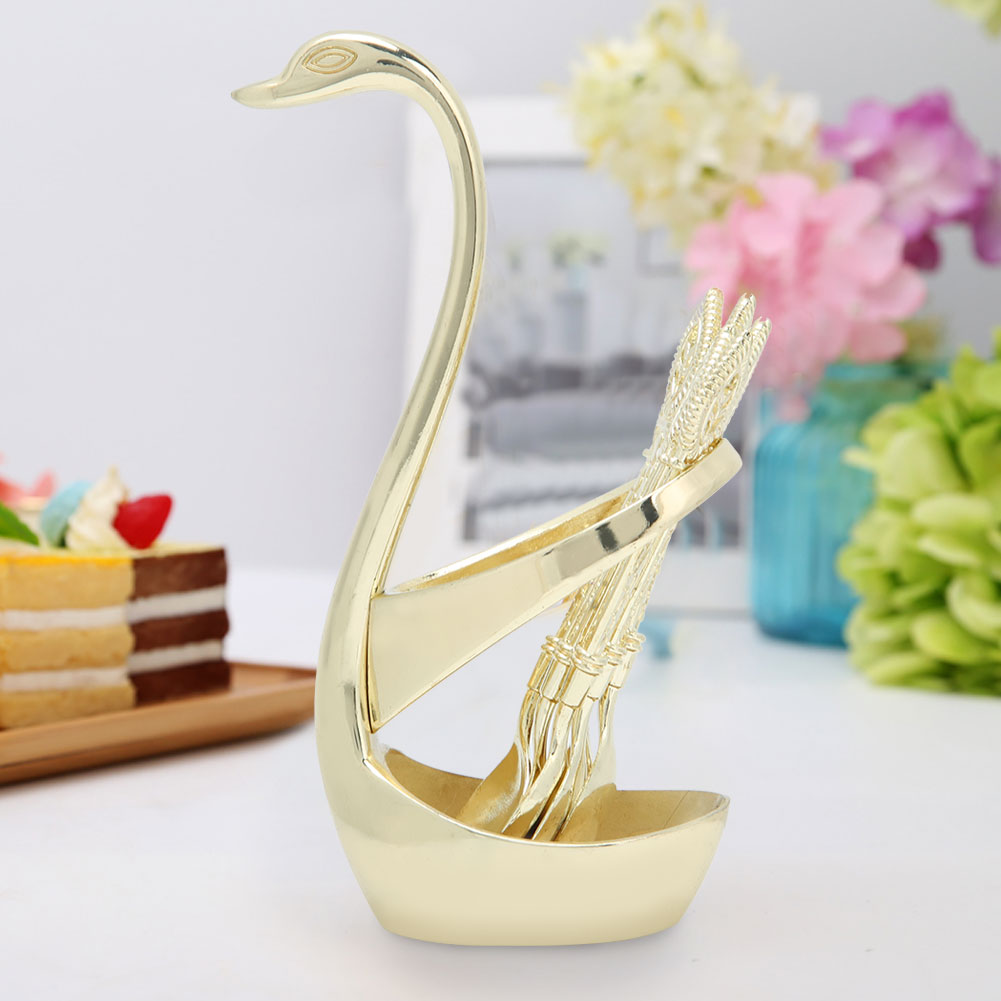 Elegantes Besteckset Mit Teelöffel, Dessertlöffel Und Schwanenständer, Goldfarben