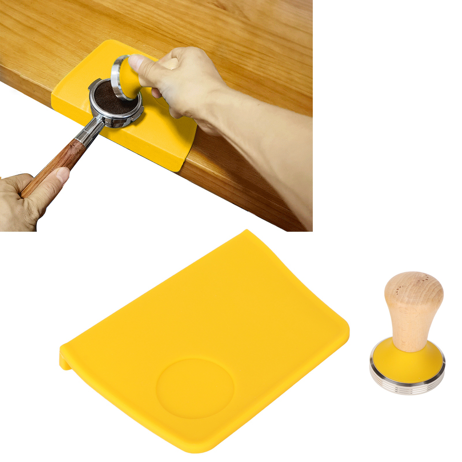 Kaffeepressen-set Mit Holzgriff, Flachem Boden Und Hammer. Rutschfeste Silikon-tampermatte Mit Schlitz, Gelbe Matte, Hammerdurchmesser: 58 Mm.
