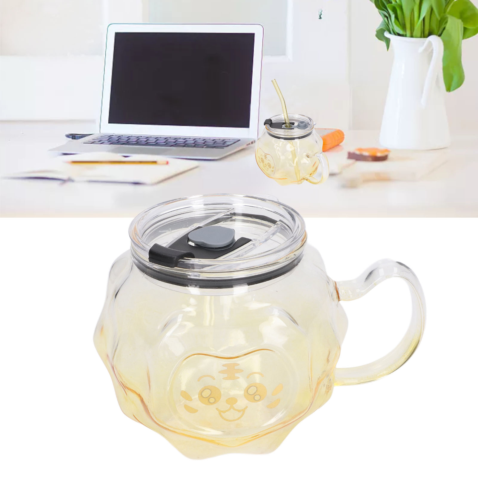 Durian-becher (500 Ml) Mit Glasstrohhalm, Durchsichtiger Glaskaffeebecher Mit Henkel, Ideal Für Den Heimgebrauch, Zum Trinken Von Säften, Tee, Milch Usw.