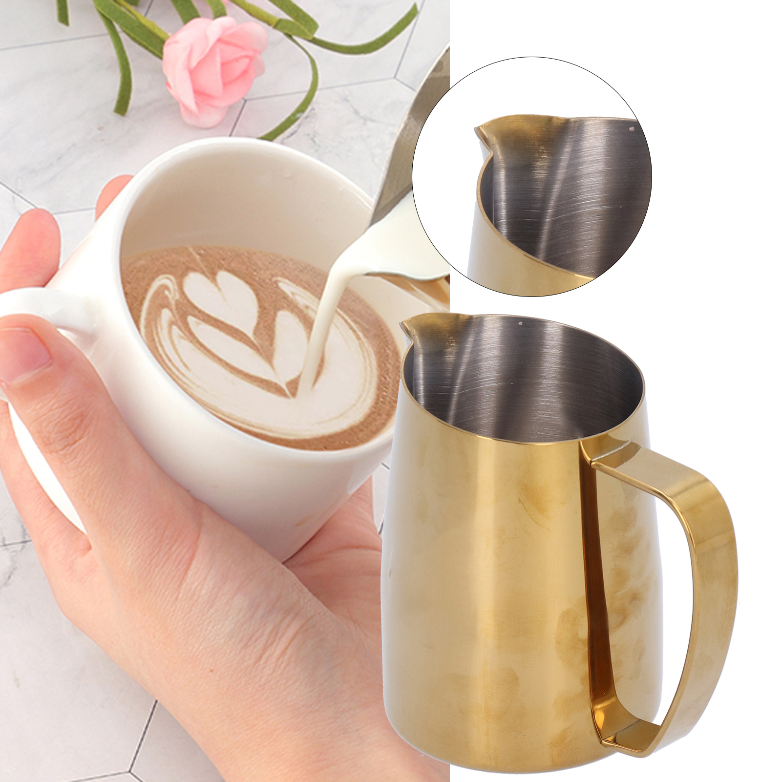Edelstahlkännchen/tasse Für Kaffee Mit Milch/latte, 450 Ml, Goldfarben.