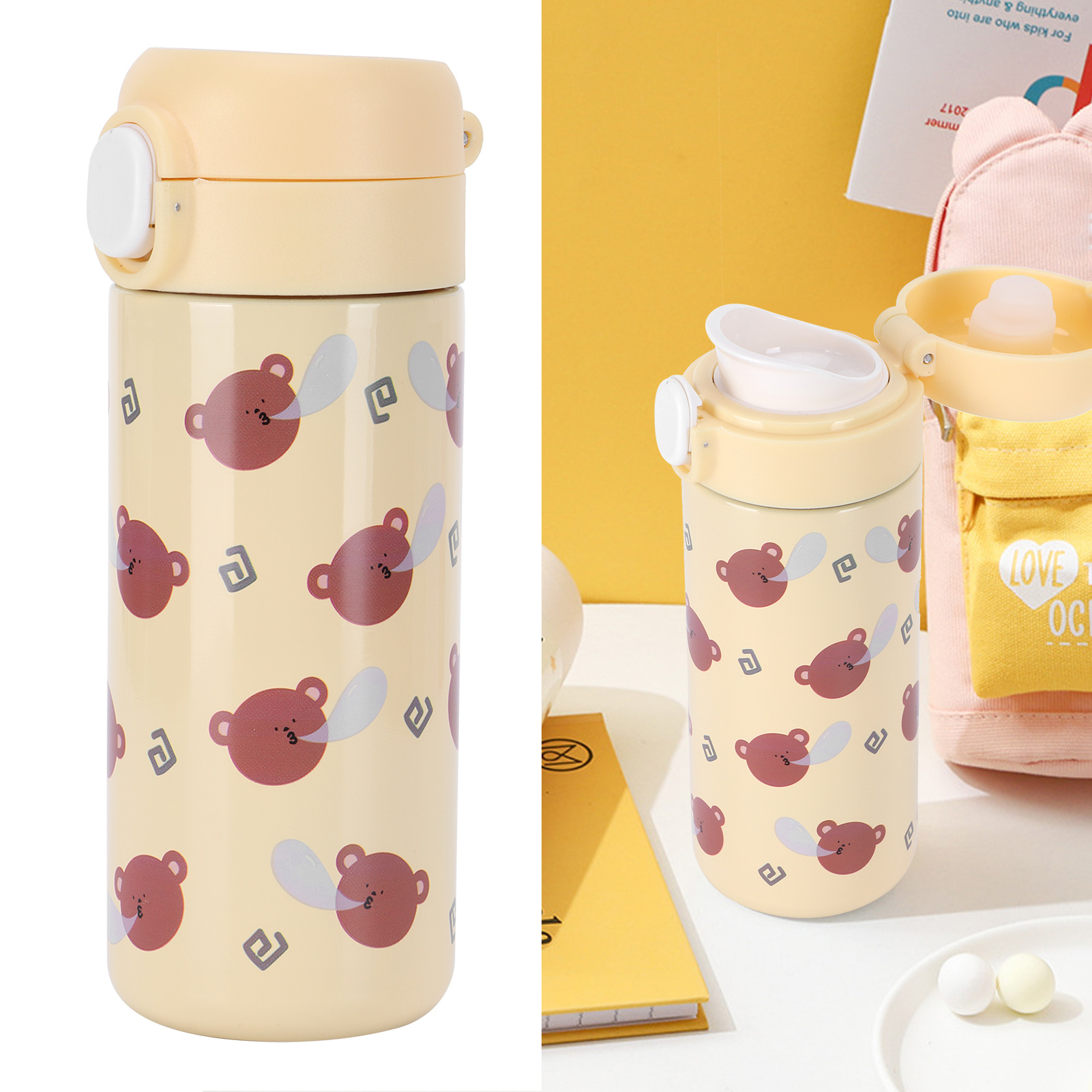 Isolierter Becher Aus Edelstahl 304 Mit Cartoon-tiermotiv, 350-500 Ml, Gelb, Aus Edelstahl 304.