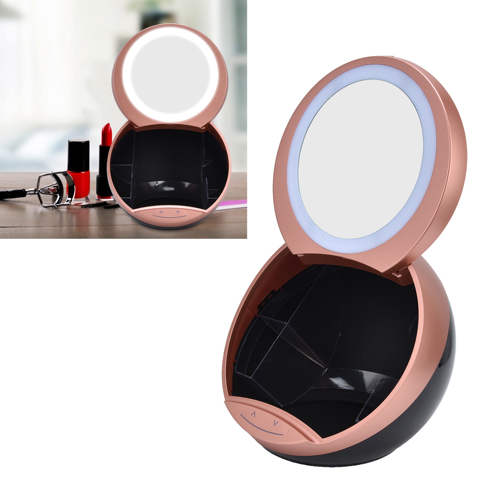 Runder 2-in-1-schminkspiegel Mit Dimmbarer Weißer Led-beleuchtung, Usb-aufladbar, Mit Aufbewahrungsbox Für Das Badezimmer, Goldfarben.